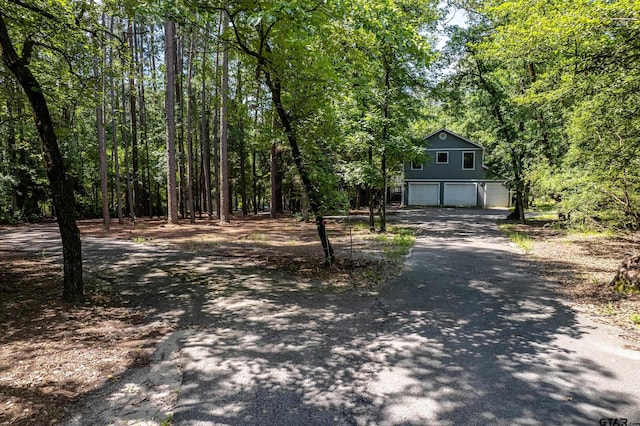 381 Winding Trl, Holly Lake Ranch, TX 75765 - view of front of property with an attached garage, driveway, and a view of trees