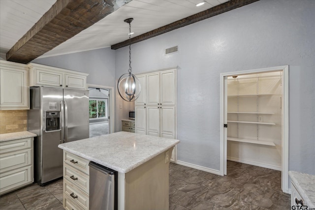 381 Winding Trl, Holly Lake Ranch, TX 75765 - kitchen featuring stainless steel refrigerator with ice dispenser, light stone counters, hanging light fixtures, a center island, and beam ceiling