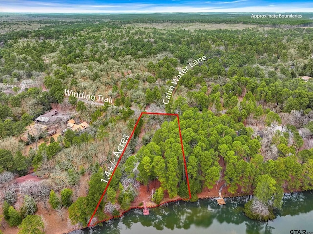 381 Winding Trl, Holly Lake Ranch, TX 75765 - aerial view of property's location featuring a heavily wooded area, property boundaries highlighted, and a large body of water