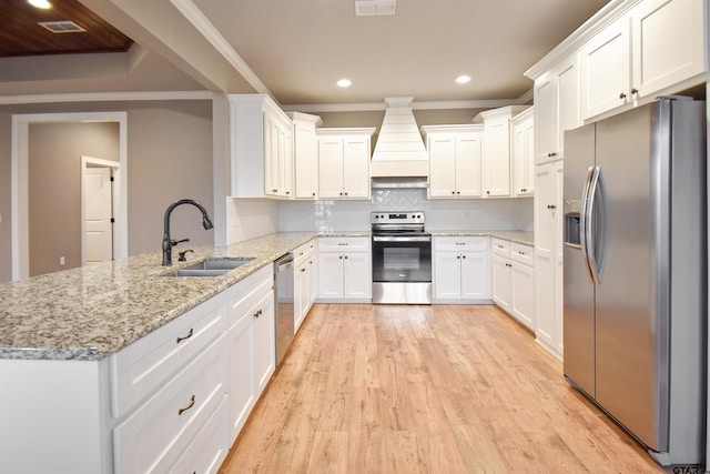 kitchen featuring sink, custom exhaust hood, white cabinetry, appliances with stainless steel finishes, and kitchen peninsula