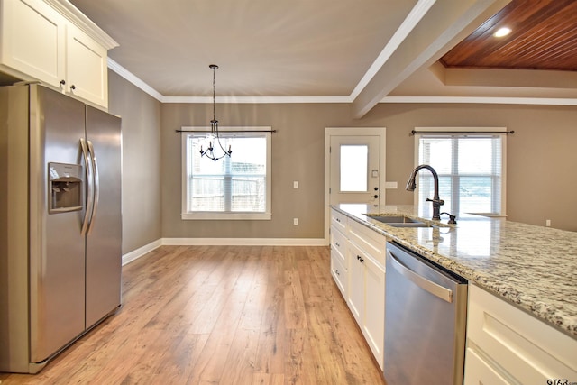 kitchen featuring sink, stainless steel appliances, ornamental molding, light stone countertops, and white cabinets