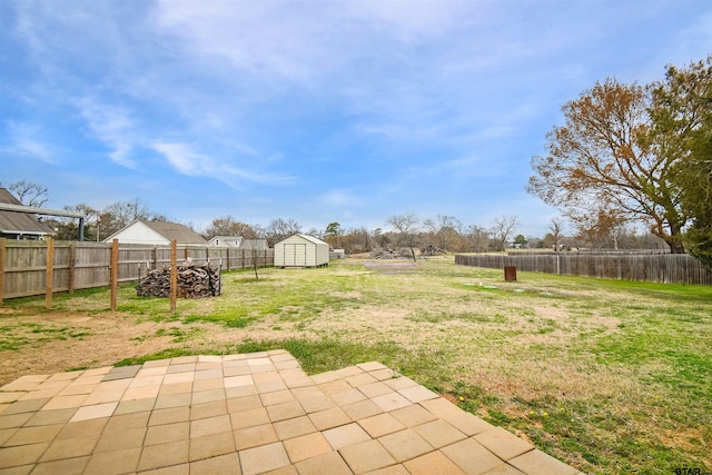 view of yard with a patio area and a storage shed