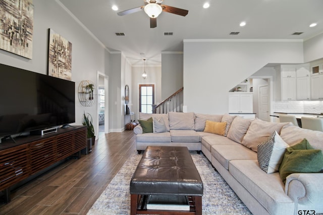 2946 Guinn Farms Rd, Tyler, TX 75707 - living room featuring ceiling fan, stairs, crown molding, dark wood-type flooring, and recessed lighting