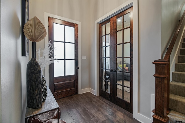 2946 Guinn Farms Rd, Tyler, TX 75707 - doorway with french doors, stairway, dark wood-style flooring, and healthy amount of natural light