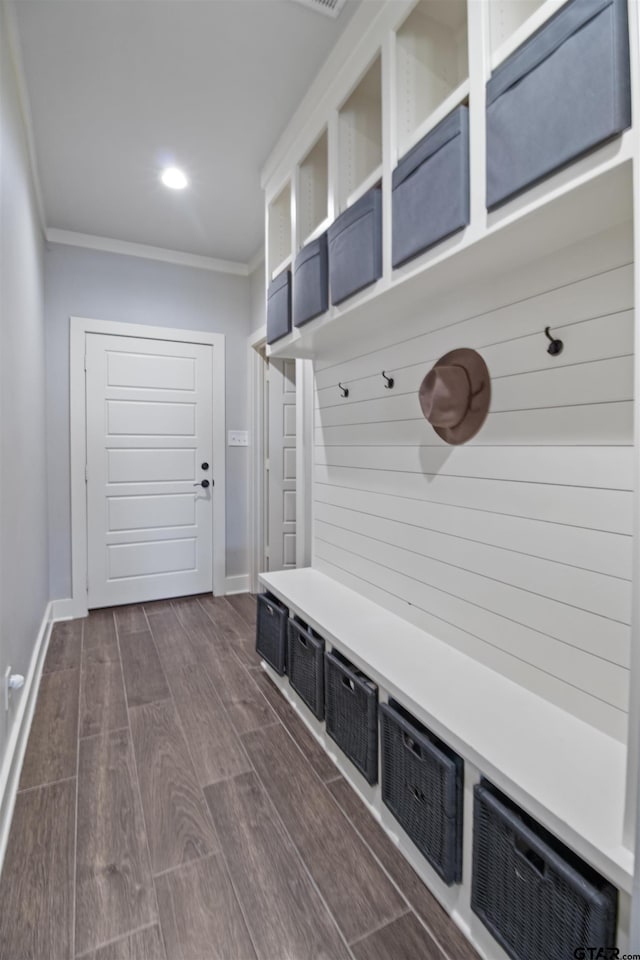 2946 Guinn Farms Rd, Tyler, TX 75707 - mudroom with ornamental molding, dark wood-type flooring, and recessed lighting