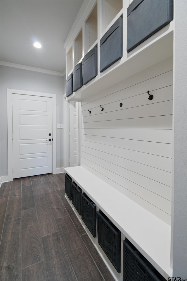 2946 Guinn Farms Rd, Tyler, TX 75707 - mudroom featuring crown molding and dark wood finished floors