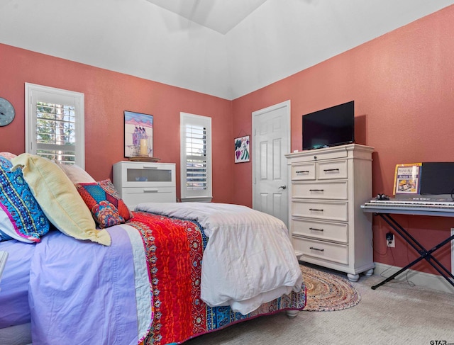 bedroom featuring light colored carpet and multiple windows