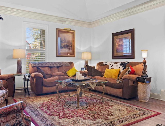 living room with hardwood / wood-style floors and crown molding