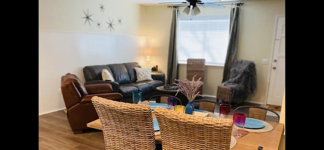 102 Indianola Rd, Chandler, TX 75758 - dining area featuring ceiling fan and wood finished floors