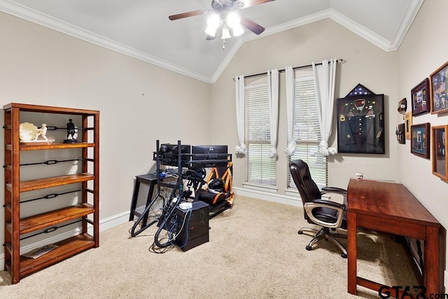 2322 Kingsmill Cir, Tyler, TX 75703 - office with carpet flooring, vaulted ceiling, ceiling fan, and ornamental molding