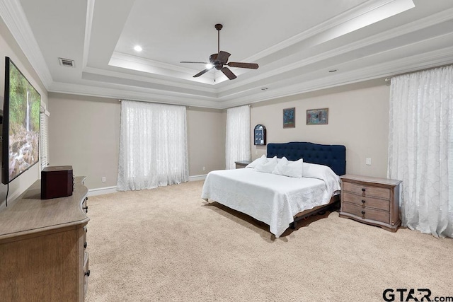 2322 Kingsmill Cir, Tyler, TX 75703 - bedroom with carpet flooring, a raised ceiling, ornamental molding, ceiling fan, and recessed lighting