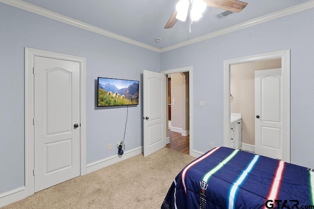 2322 Kingsmill Cir, Tyler, TX 75703 - bedroom with crown molding, carpet floors, and a ceiling fan