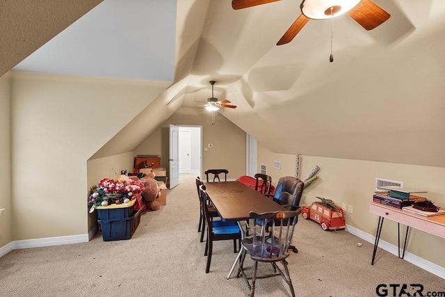 2322 Kingsmill Cir, Tyler, TX 75703 - carpeted dining space with ceiling fan and vaulted ceiling
