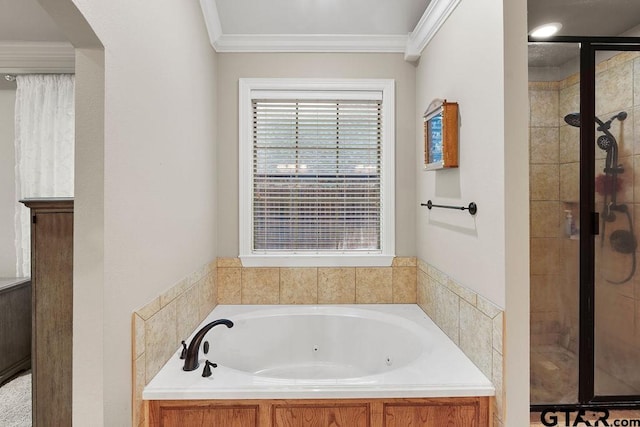 2322 Kingsmill Cir, Tyler, TX 75703 - full bathroom with a shower stall, a tub with jets, and crown molding