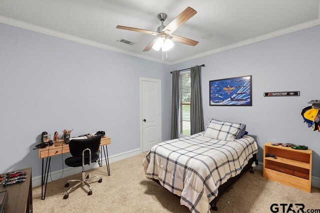 2322 Kingsmill Cir, Tyler, TX 75703 - carpeted bedroom featuring crown molding, a desk, and ceiling fan