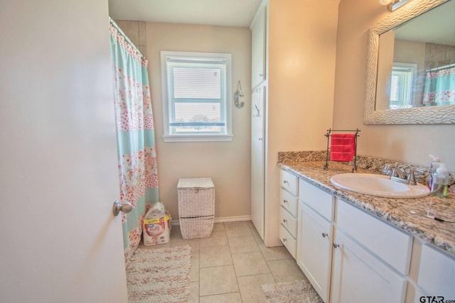 17215 Tartlon Rd, Mabank, TX 75147 - bathroom with vanity, tile patterned floors, and curtained shower