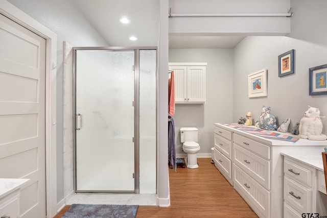 bathroom with walk in shower, wood-type flooring, vanity, and toilet