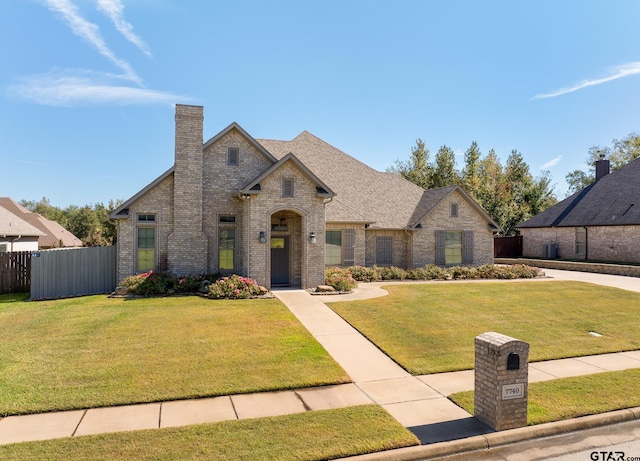 french country home with a front lawn