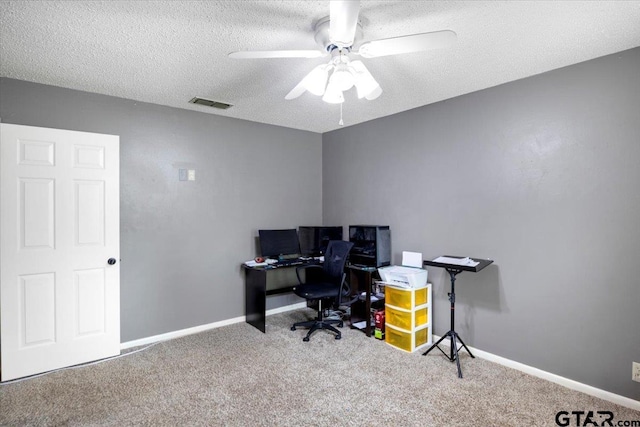 1216 Kingspark Dr, Tyler, TX 75703 - carpeted home office featuring a textured ceiling, visible vents, baseboards, and ceiling fan