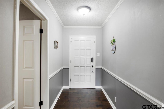 1216 Kingspark Dr, Tyler, TX 75703 - doorway to outside featuring ornamental molding, a textured ceiling, baseboards, and dark wood finished floors