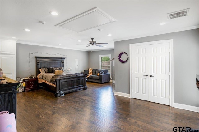 1216 Kingspark Dr, Tyler, TX 75703 - bedroom featuring crown molding, recessed lighting, attic access, and wood finished floors