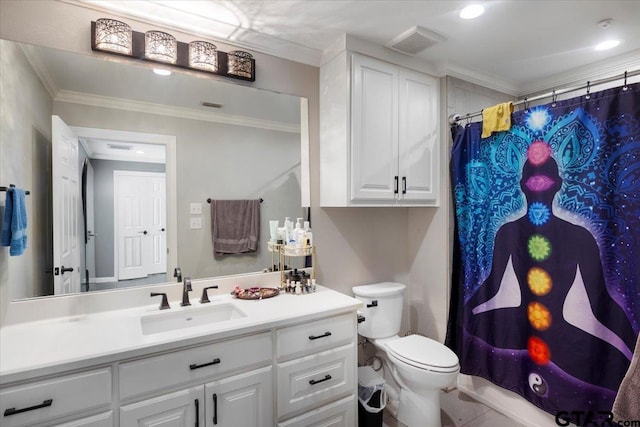 1216 Kingspark Dr, Tyler, TX 75703 - bathroom featuring toilet, a shower with shower curtain, visible vents, vanity, and ornamental molding