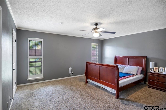 1216 Kingspark Dr, Tyler, TX 75703 - carpeted bedroom with ceiling fan, ornamental molding, a textured ceiling, and baseboards