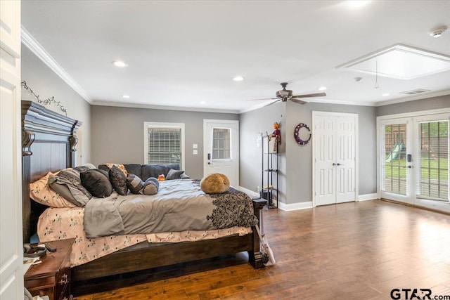1216 Kingspark Dr, Tyler, TX 75703 - bedroom with wood finished floors, ornamental molding, attic access, recessed lighting, and access to exterior