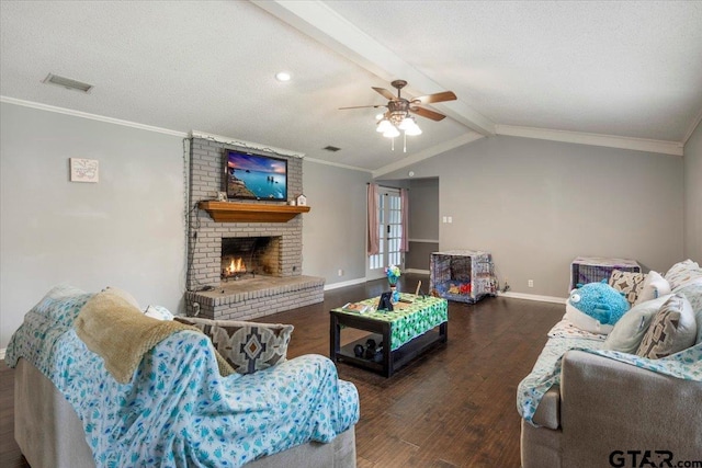 1216 Kingspark Dr, Tyler, TX 75703 - living area with wood finished floors, a brick fireplace, visible vents, baseboards, and ceiling fan