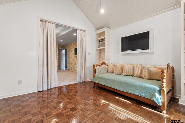 living area featuring parquet floors, wooden ceiling, and high vaulted ceiling