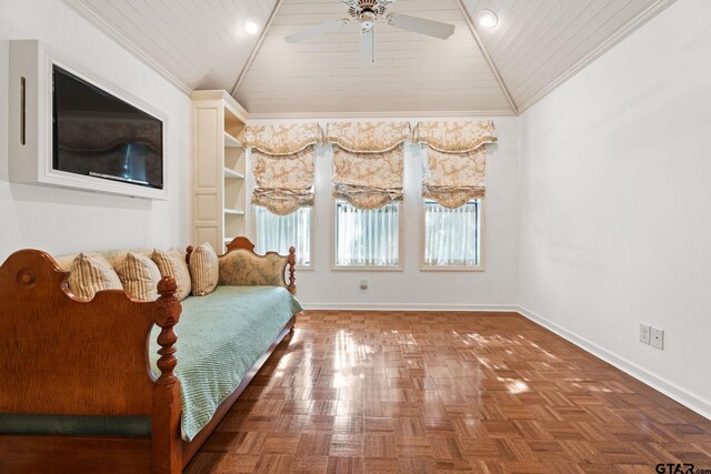 bedroom featuring parquet floors, lofted ceiling, ceiling fan, and wooden ceiling