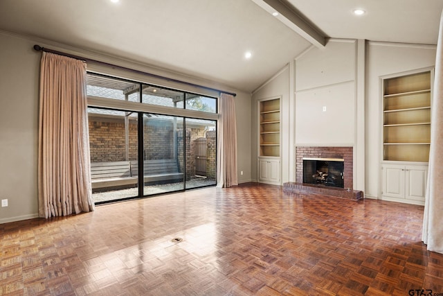 unfurnished living room featuring a brick fireplace, parquet floors, high vaulted ceiling, built in features, and beamed ceiling