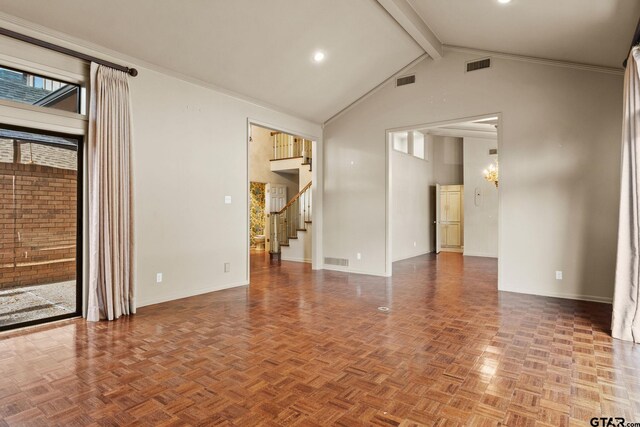 empty room with high vaulted ceiling, beam ceiling, ornamental molding, and parquet floors