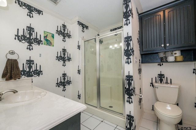 bathroom with toilet, an enclosed shower, ornamental molding, vanity, and tile patterned flooring