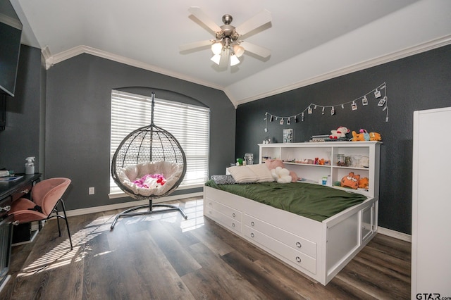 bedroom featuring dark hardwood / wood-style flooring, crown molding, vaulted ceiling, and ceiling fan