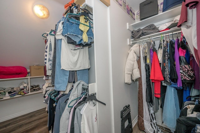 walk in closet with dark hardwood / wood-style floors