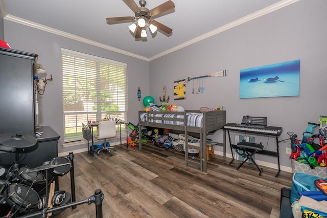 bedroom featuring crown molding and dark wood-type flooring