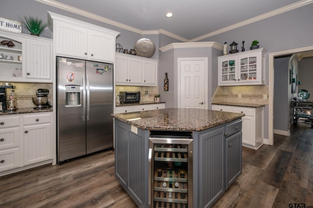 kitchen featuring gray cabinetry, stainless steel fridge with ice dispenser, beverage cooler, and white cabinets