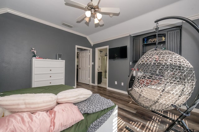 bedroom with vaulted ceiling, dark wood-type flooring, ceiling fan, and crown molding