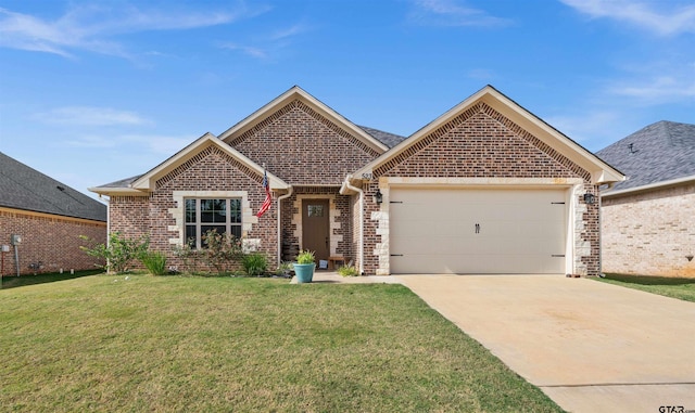 view of front of property with a garage and a front lawn