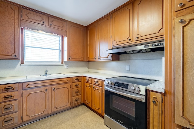 kitchen featuring stainless steel electric stove, backsplash, and sink