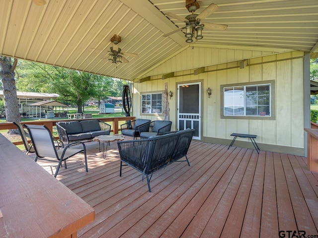 22090 Sportsmans Dr, Chandler, TX 75758 - wooden terrace featuring ceiling fan and an outdoor hangout area