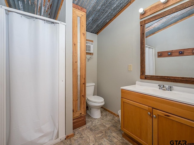 22090 Sportsmans Dr, Chandler, TX 75758 - bathroom featuring toilet, lofted ceiling, vanity, a shower with curtain, and a wall mounted air conditioner
