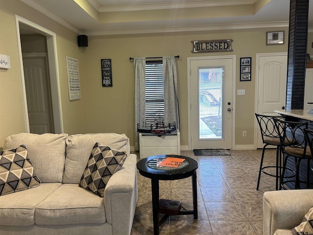 living room featuring ornamental molding and a tray ceiling