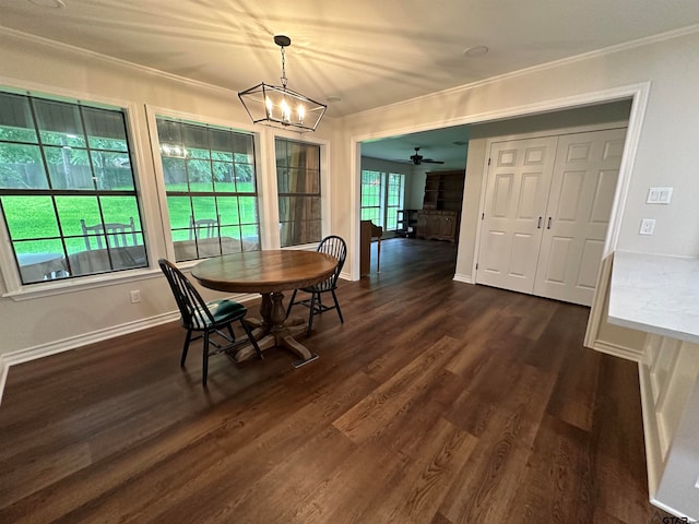 dining area with dark wood-type flooring, ceiling fan with notable chandelier, and ornamental molding