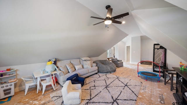 living area with a ceiling fan and lofted ceiling
