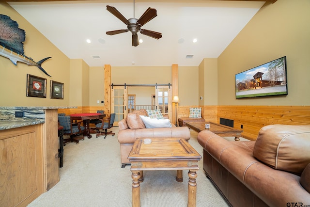 1584 Charlya Dr, Scroggins, TX 75480 - living room with light carpet, a ceiling fan, recessed lighting, lofted ceiling, and a barn door