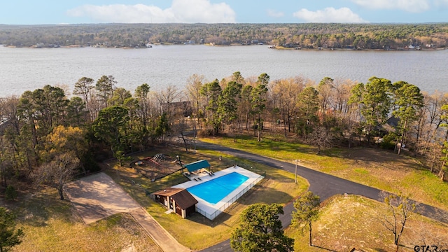 1584 Charlya Dr, Scroggins, TX 75480 - bird's eye view of a large body of water, a pool area, and a heavily wooded area