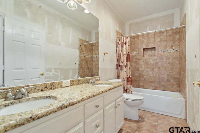 full bathroom featuring vanity, toilet, shower / bathtub combination with curtain, and ornamental molding