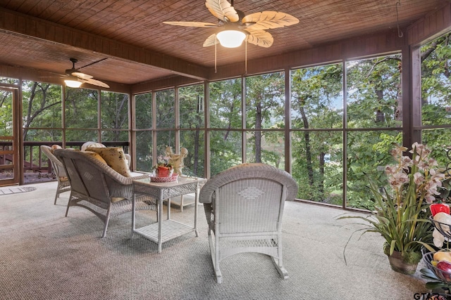 sunroom with ceiling fan and wood ceiling